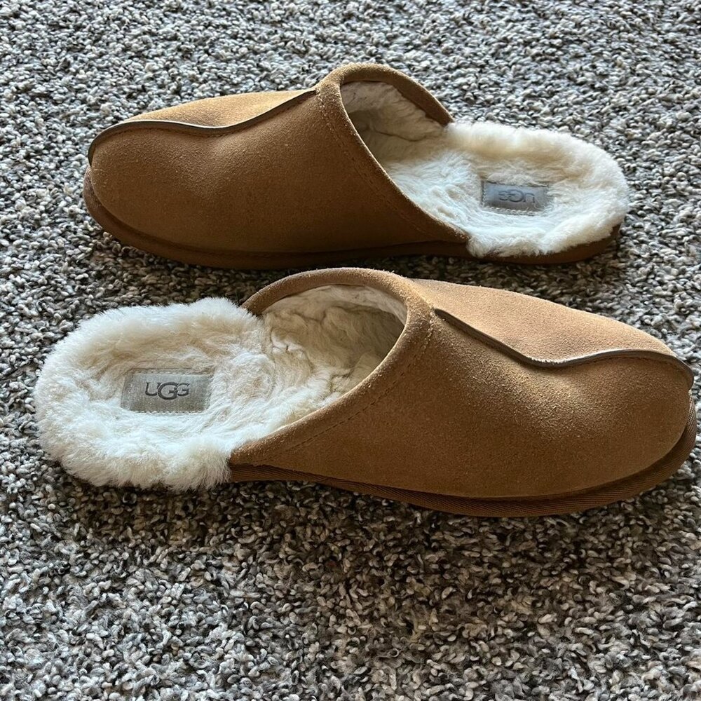 UGG Scuff Men 12 Suede Chestnut Slippers Sheepskin Slip-ons Normcore Preppy - Picture 4 of 7